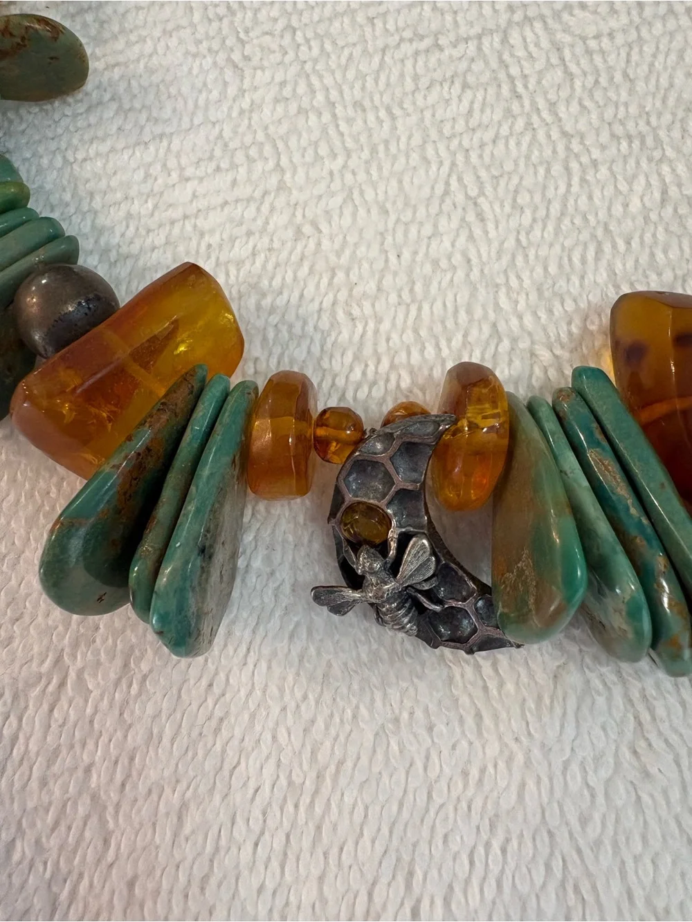 Turquoise and Amber Beaded Crescent Pendant Necklace